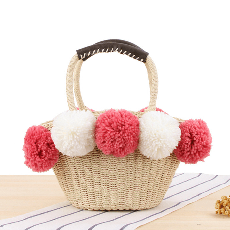 Women Travel Woven Beach Bag Cute Contrast Plush Ball Straw Handbag - MRSLM