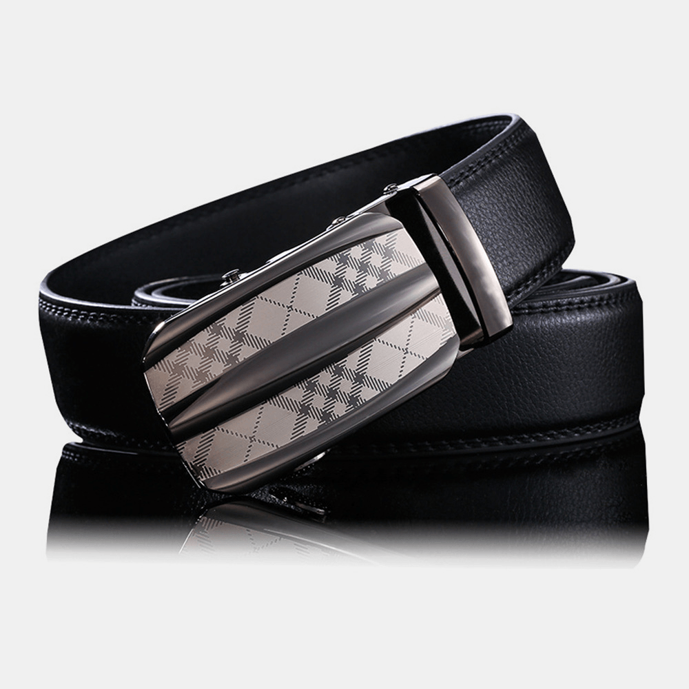 Men Genuine Leather Rectangular Automatic Buckle Ratchet Belt Business Casual Scratch-Resistant Cowhide Belt - MRSLM