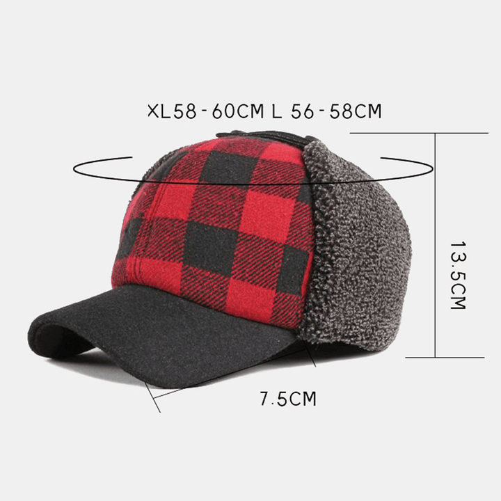 Unisex Cotton plus Velvet Thick Plaid Baseball Cap Autumn Winter Ear Protection Earmuffs Windproof Warm Hat - MRSLM