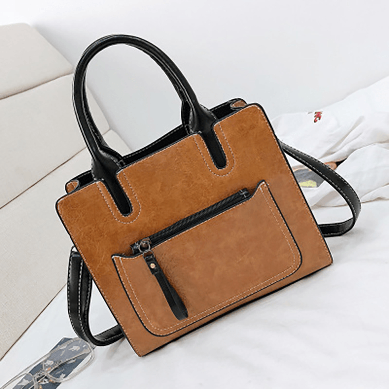 Women PU Leather Tote Handbag Retro Solid Leisure Crossbody Bag - MRSLM