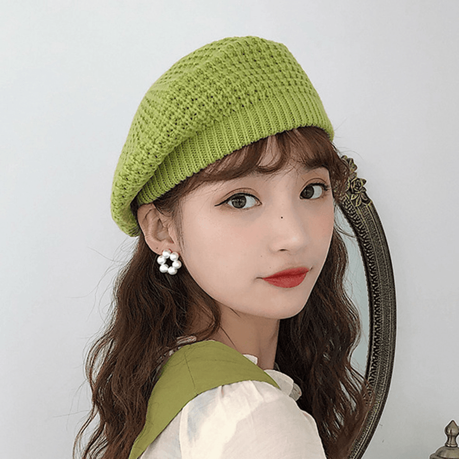 Women Solid Color Dome Hollow Breathable Knitted Hat Outdoor Windproof Sunshade Beret Cap - MRSLM