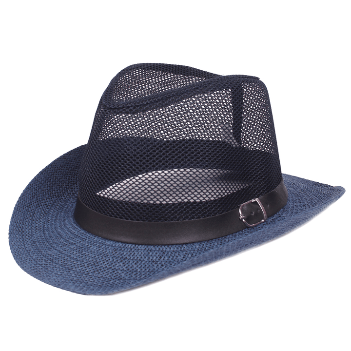 Men Outdoor Breathable Mesh Bowler Jazz Hat Cowboy Sunshade Straw Hat - MRSLM