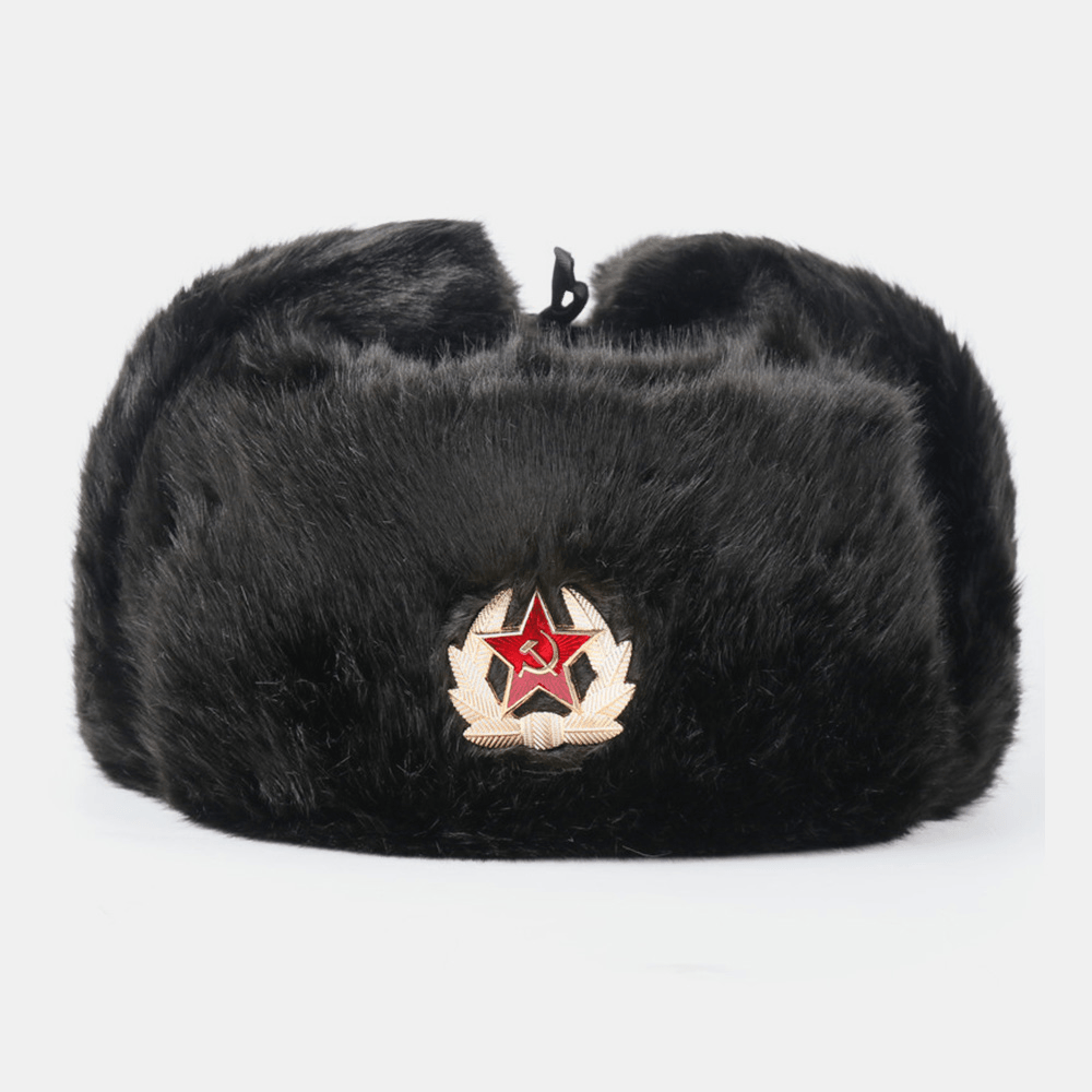 Men Plush Metal Badge Warm Windproof Ear Protection Trapper Hat Winter Outdoor Cold-Proof Ushanka Hat - MRSLM