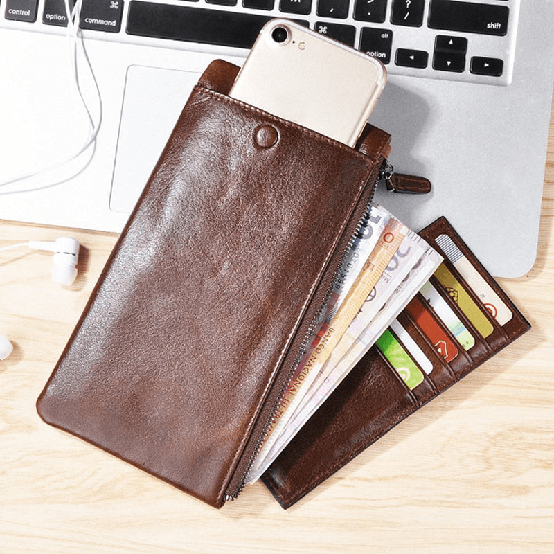 Genuine Leather Zipper Long Wallet Purse Card Holder 5.5'' Phone Case for Iphone Huawei Samsung - MRSLM