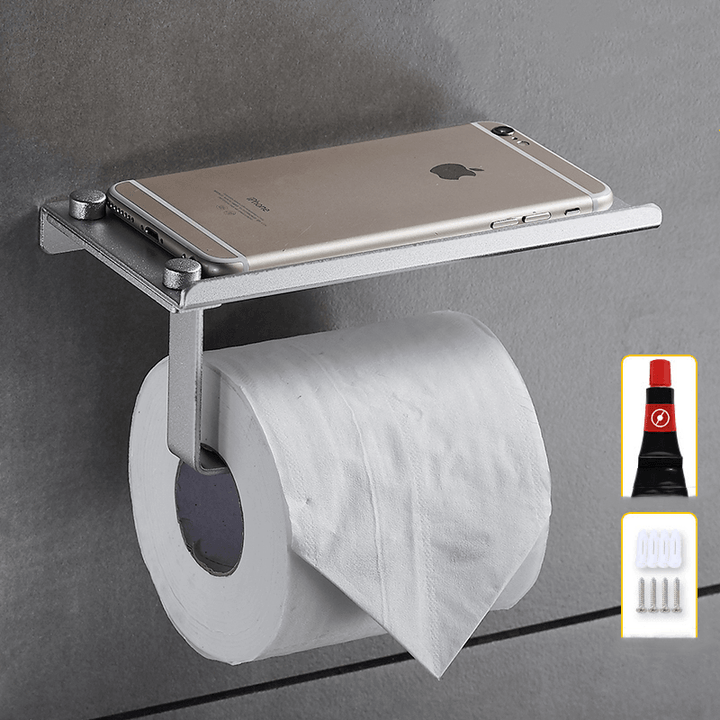 Aluminum Toilet Paper Punch Free Holder with Phone Shelf Wall Mounted Bathroom Accessories Tissues Roll Dispenser Matte - MRSLM