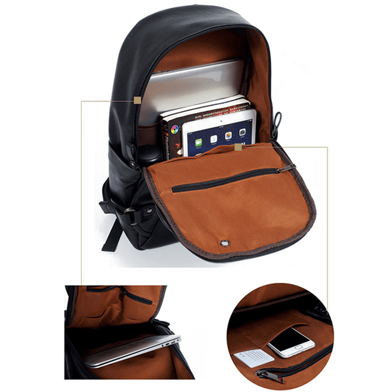 MK Men Faux Leather Fashion Leisure Backpack USB Charging Travel Bag - MRSLM