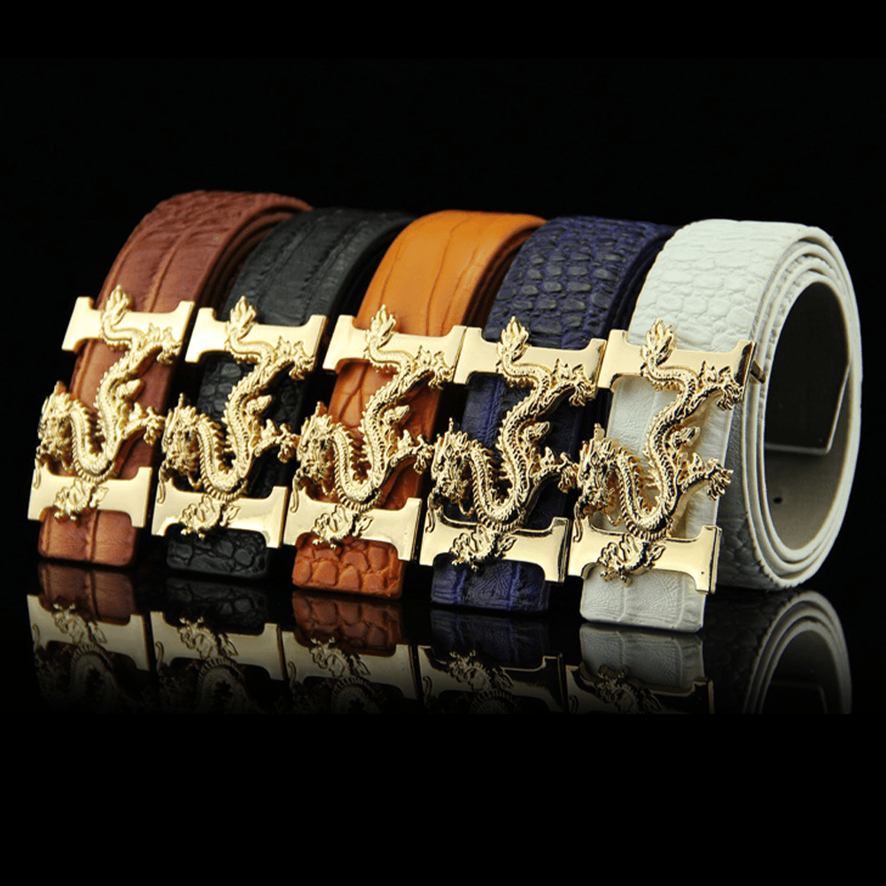 Men Faux Leather 135Cm Fashion Personality Alligator Pattern Gold Dragon Decor Belt - MRSLM