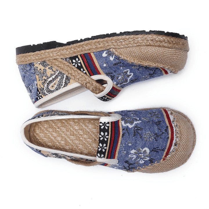 Women Linen Old Peking Printing Stricing Slip on Loafers - MRSLM