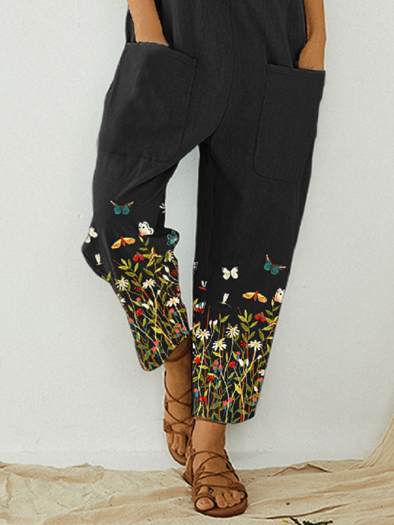 Butterfly Flower Print Strap Button Pocket Casual Jumpsuit Overalls for Women - MRSLM