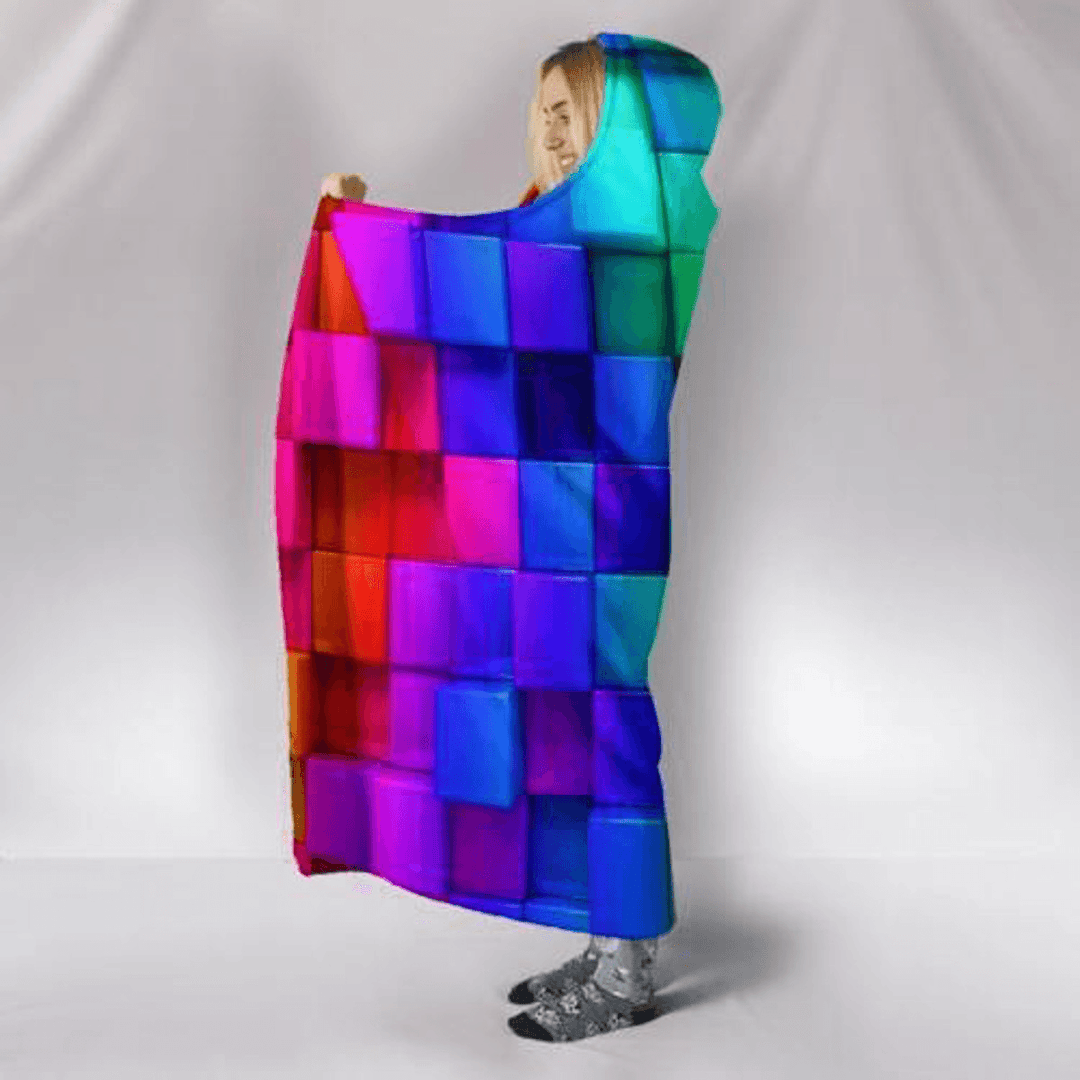 Warm 3D Colored Cubes Hooded Blankets Wearable Soft Towel Plush Mat for Adult Kid - MRSLM