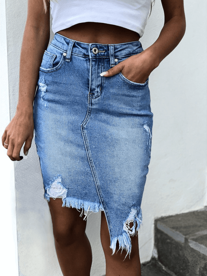 Women Pocket Irregular Hem High Waist Ripped Denim Skirts - MRSLM