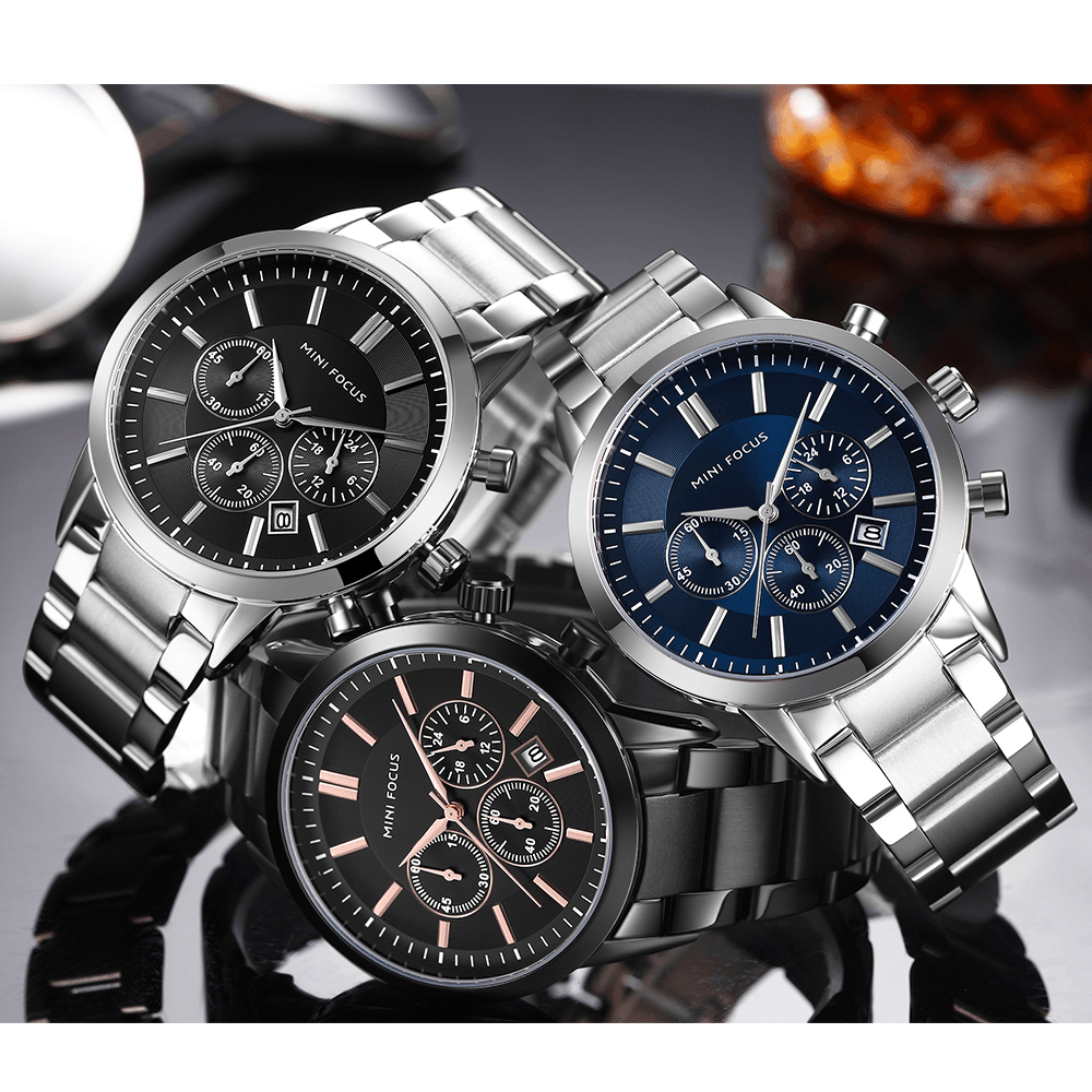 MINI FOCUS MF0188G Business Style Calendar Stainless Steel Men Wrist Watch Quartz Watch - MRSLM