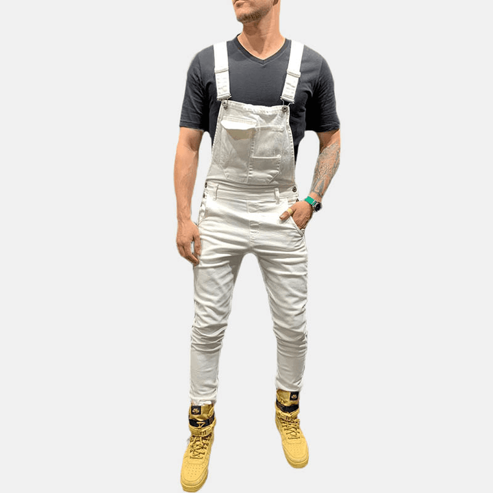 Men Solid Color Big Pocket Retro Denim Pants Jumpsuit - MRSLM