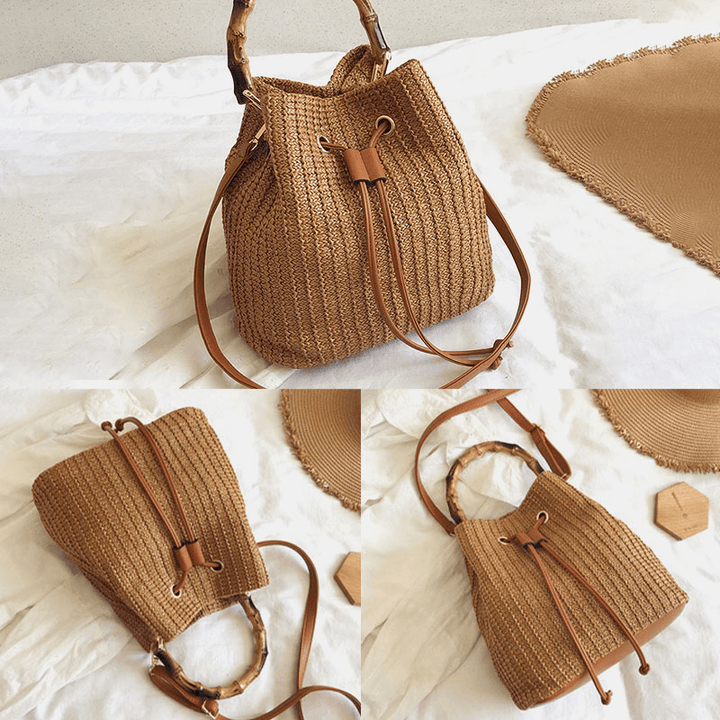 Women Solid Color String Casual Straw Bag Handbag Shoulder Bag Crossbody Bags Bucket Bag - MRSLM