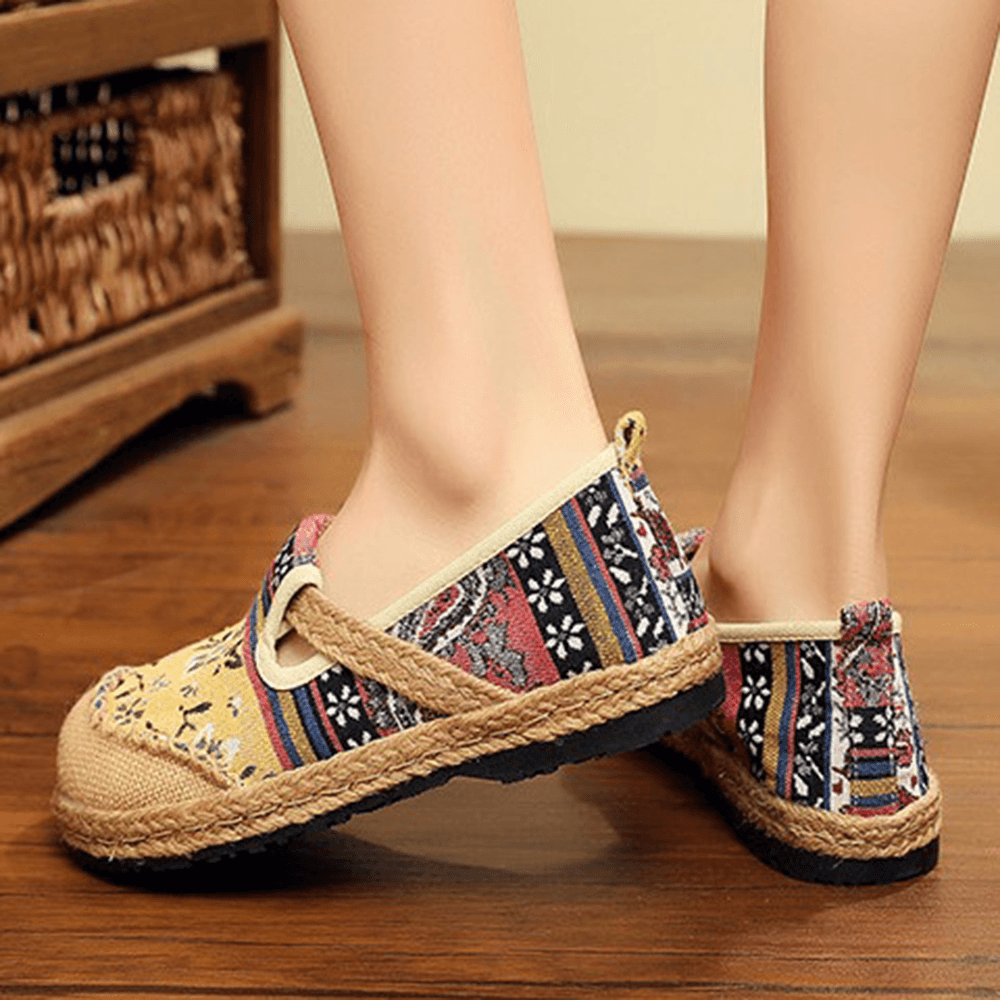 Women Linen Old Peking Printing Stricing Slip on Loafers - MRSLM