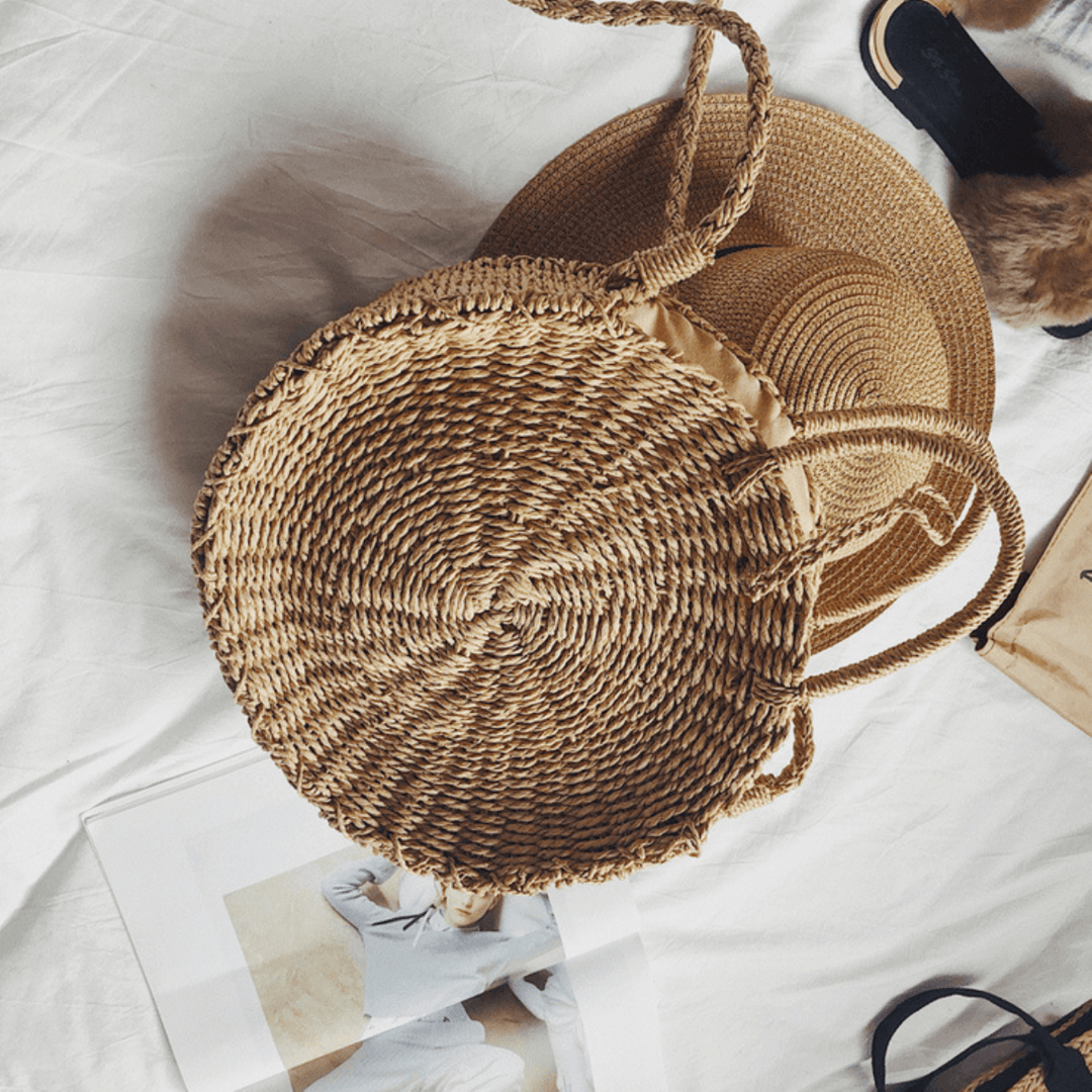 Women Hand Woven Bag round Rattan Straw Bohemia Style Beach Circle Beach Bags - MRSLM