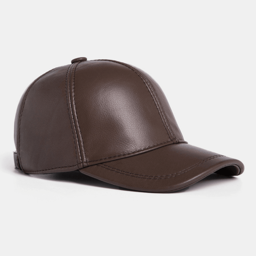 Men Genuine Cowhide Leather Adjustable Baseball Cap Outdoor Protect Ear Winter Warm for Elderly Father - MRSLM