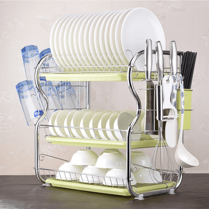 3 Tier Chrome Dish Drying Rack Drainer Cutlery Cups Holder Drip Kitchen Storage Arrangement for Dishes - MRSLM