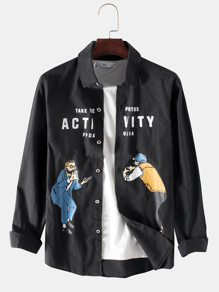 Mens Casual Figure Battle Cartoon Letter Print Long Sleeve Shirts - MRSLM