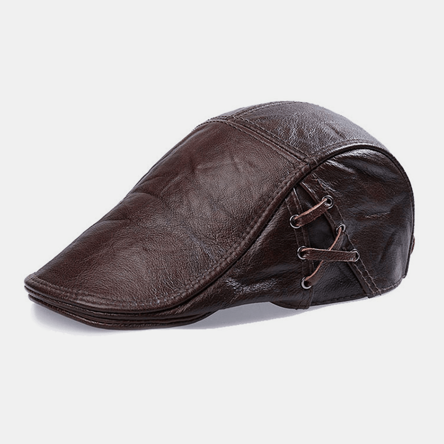 Men Genuine Leather Outdoor Keep Warm Winter Autumn Leather Flat Hat Forward Hat Beret Hat - MRSLM