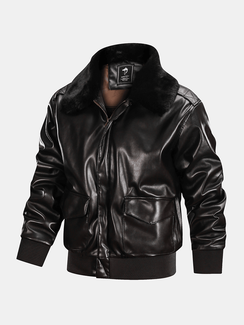 Mens Zipper Big Flap Pocket Fur Collar Cargo PU Jacket - MRSLM