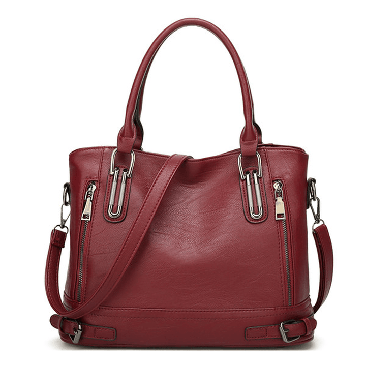 Women Faux Leather Large Capacity Tote Bag Solid Handbag Leisure Crossbody Bag - MRSLM