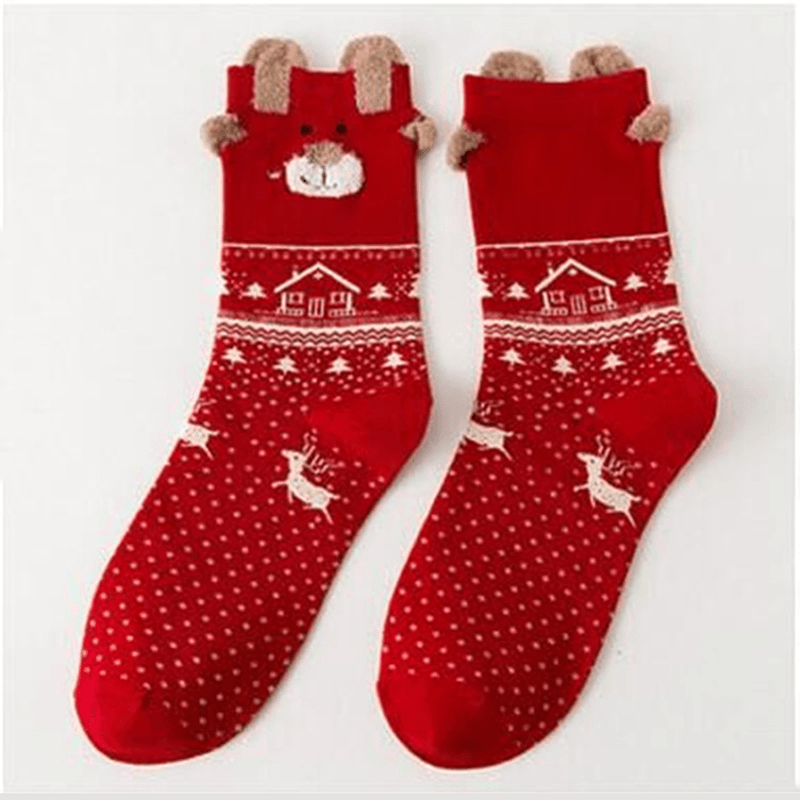 Women Cute Christmas Elk Cotton Socks Warm Soft Middle Tube Socks - MRSLM