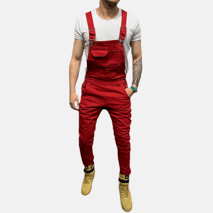 Men Solid Color Big Pocket Retro Denim Pants Jumpsuit - MRSLM