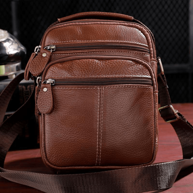 Men Genuine Leather Multi-Pocket Vintage 6.3 Inch Phone Bag Crossbody Bags Shoulder Bag Handbag - MRSLM