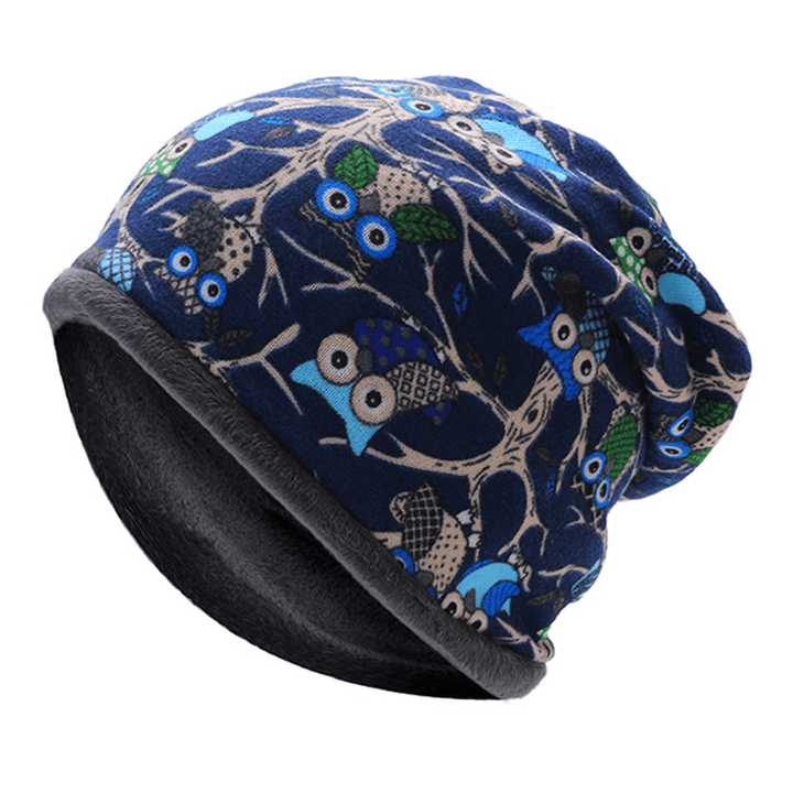 Womens Owl Pattern Slouchy Baggy Beanie Cap Scarf Multi-Function Double Layers Windproof Warm Hat - MRSLM