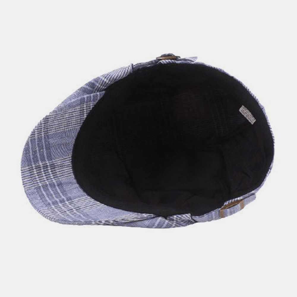 Men Cotton Beret Cap Plaid Pattern Casual Retro Sunshade Forward Cap Flat Hat - MRSLM