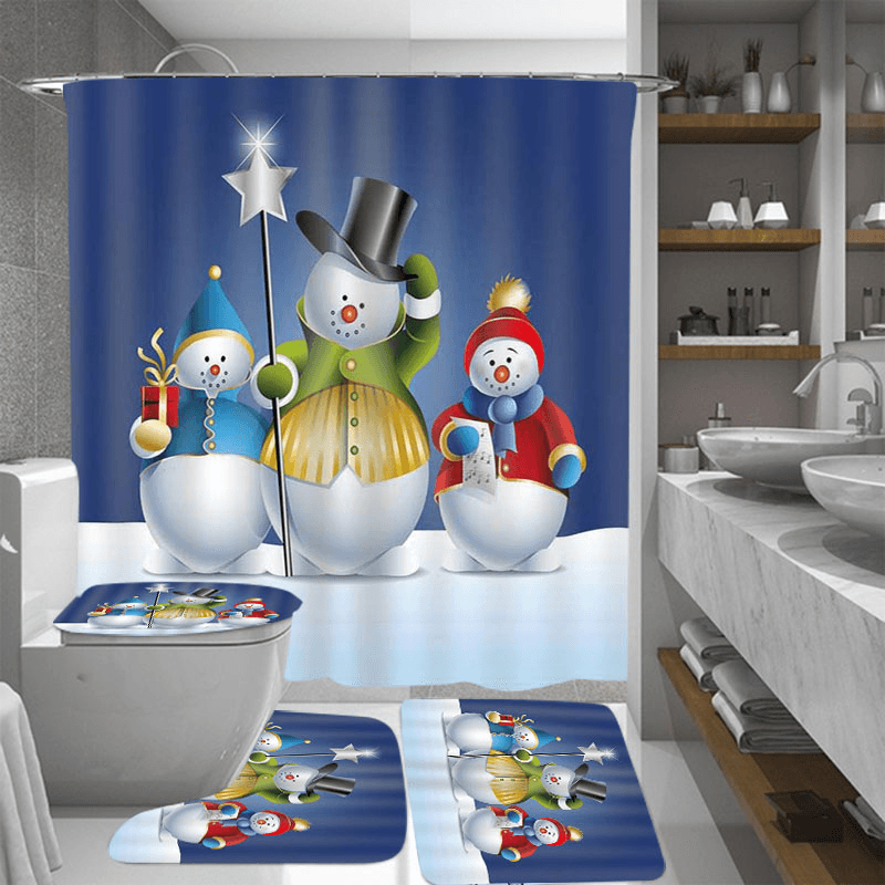 Bathroom Christmas Snowman Shower Curtain & 3PCS Mat Set Toilet Cover 180*180CM - MRSLM