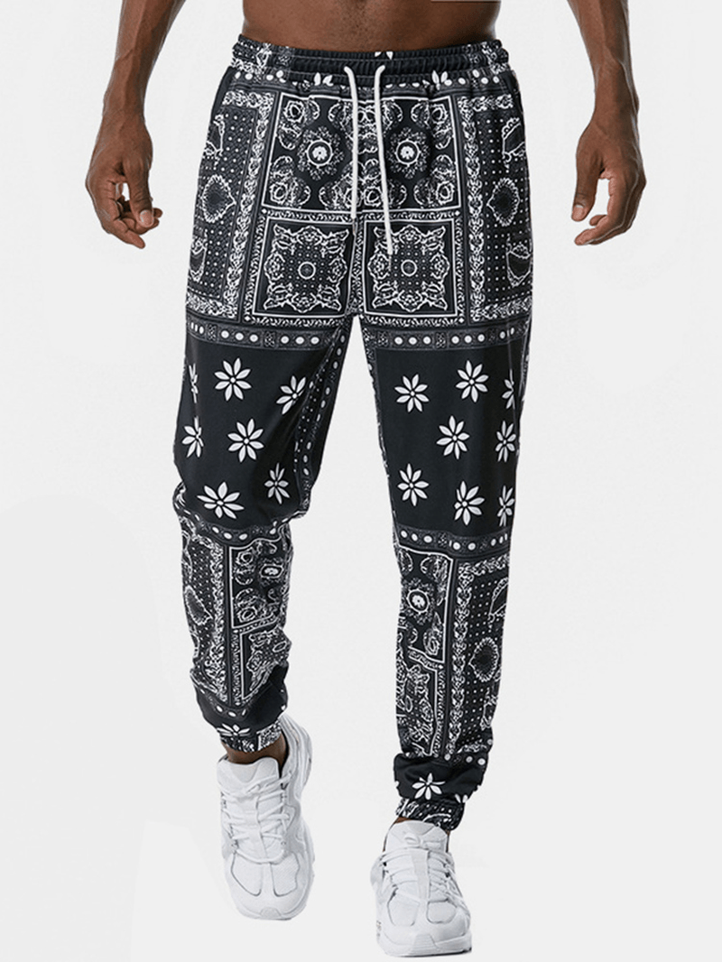 Mens Paisley Print Ethnic Style Drawstring Jogger Pants with Pocket - MRSLM