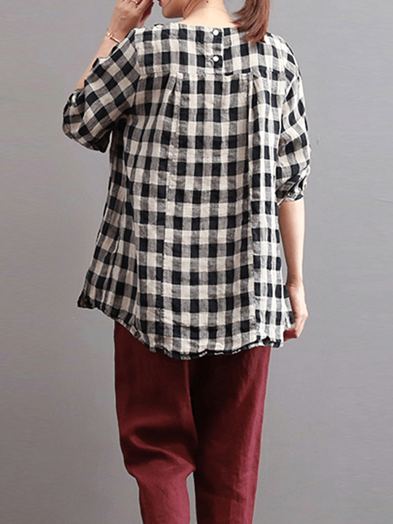 Casual Loose Plaid Long Sleeve Women Blouse - MRSLM