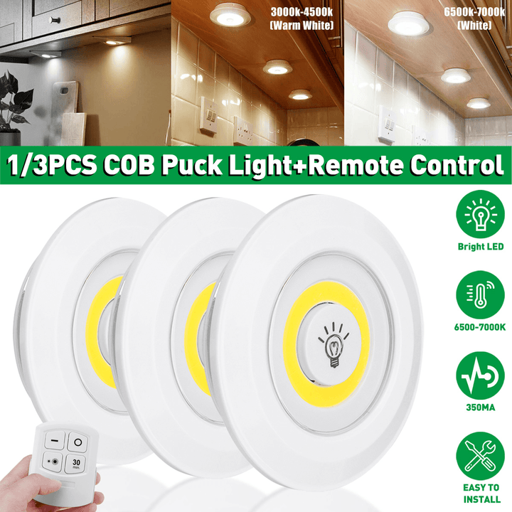 1/3PCS under Cabinet Lights Closet Kitchen Counter COB Puck Light+Remote Control - MRSLM