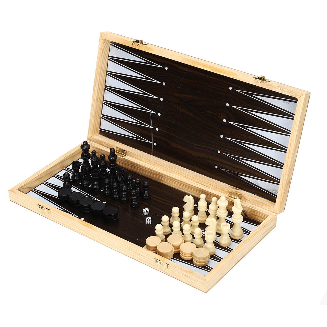 3-In-1 Folding Wood Chess Set Game Checkers Draughts Backgammon Toy Intelligence Development for Kids Adult - MRSLM