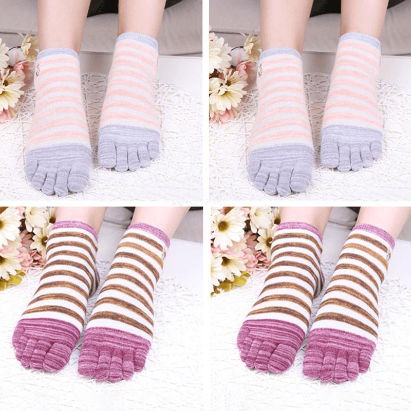 Ladies Five Toes Socks Cotton Striped 4-Pair Set Ankle Socks - MRSLM