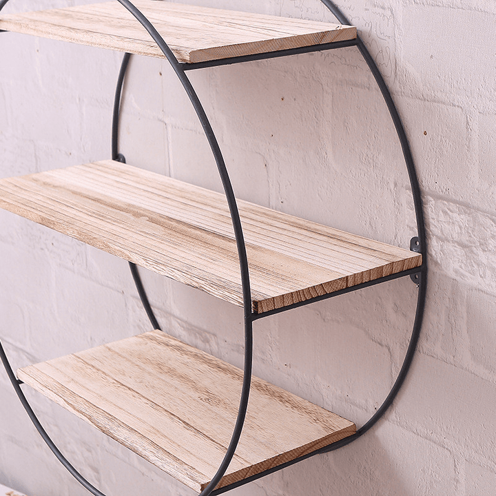 Round Wall Unit Retro Industrial Style Wood Metal Wall Shelf Rack Book Shelf Storage Rack - MRSLM