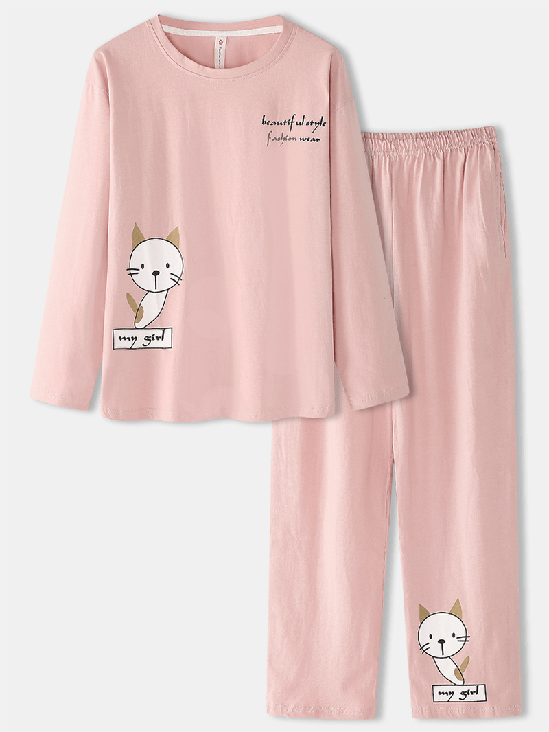 Women Cartoon Cat Print Long Sleeve Pullover Elastic Waist Pocket Pants Pink Home Pajama Set - MRSLM