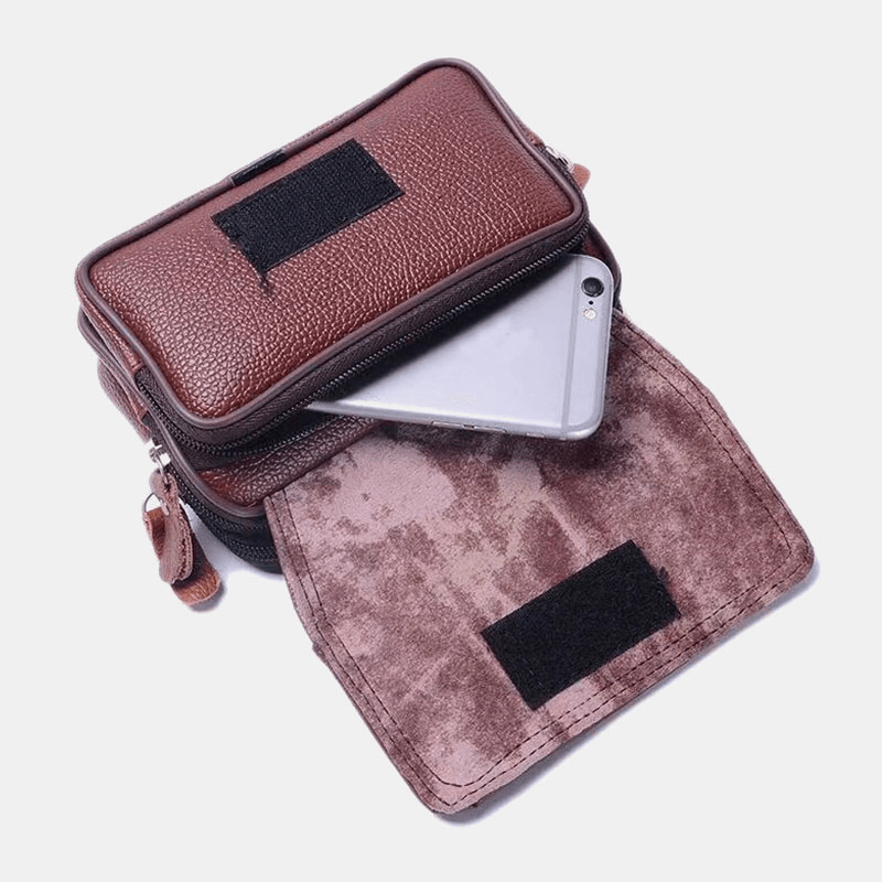 Men PU Leather Three-Layers Multifunction Waterproof Vintage Business 5.8 Inch Phone Bag Waist Bag - MRSLM