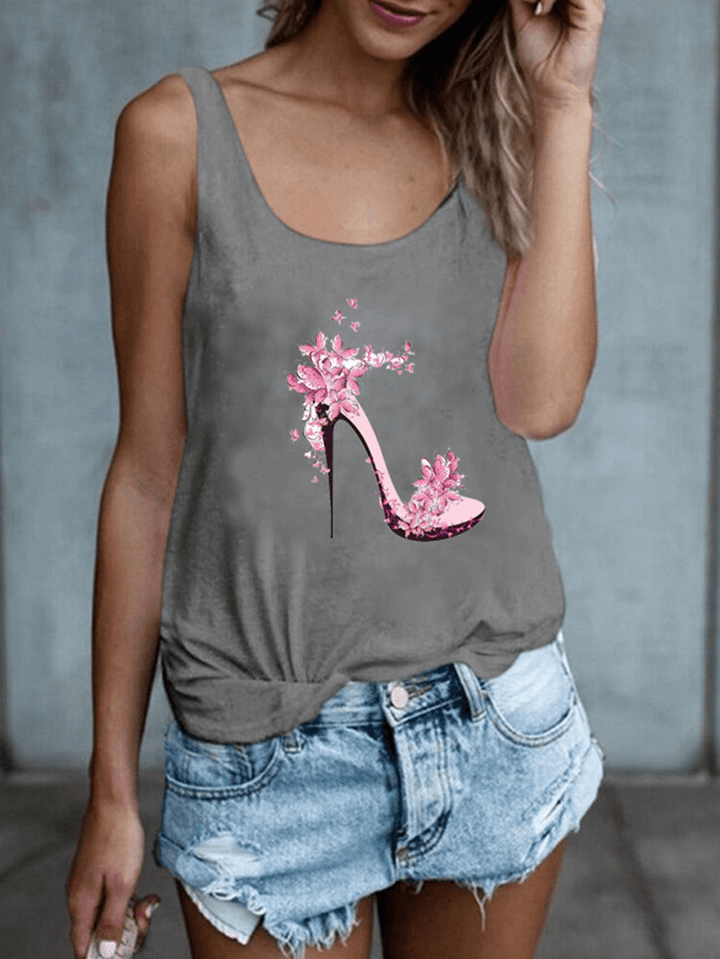 High Heels Flower Print Sleeveless Loose Casual Tank Tops for Women - MRSLM