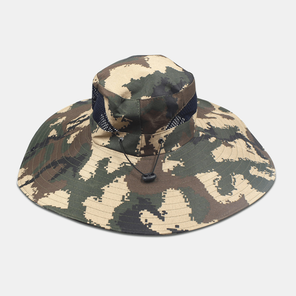 Men Camouflage Mesh Breathable Big Brim Outdoor Fishing Climbing Sunshade Bucket Hat - MRSLM