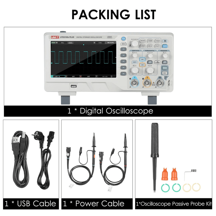 UNI-T Utd2102E plus Digital Oscilloscope with 7-Inch LCD Display Scopemeter with 100Mhz Bandwidth 2 Channels 500MS/S Real Time Sample Rate 64Kpts Depth Storage - MRSLM