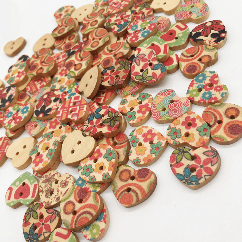 100 PCS Heart Shape Wooden Button Mixed 2 Hole Natural Sewing Children Handmade Clothes Buttons - MRSLM