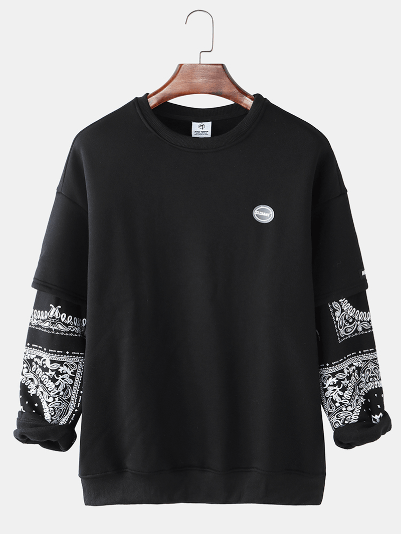 Mens Patchwork Paisley Print Faux Twinset Pullover Drop Shoulder Sweatshirts - MRSLM