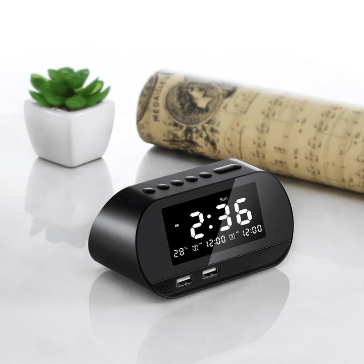 Dual Home FM 2 Puertos USB Phone Charger Raido Multifunctional Alarm Clock All-In-One Design with Wireless Speaker Office Brightness Adjustable LCD Display Permanent Calendar - MRSLM