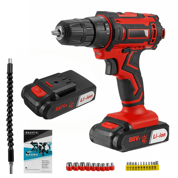 88VF Cordless Electric Drill Driver 25+1 Gears Rechargeable Screwdriver W/ 1/2Pcs Battery & LED Working Light - MRSLM