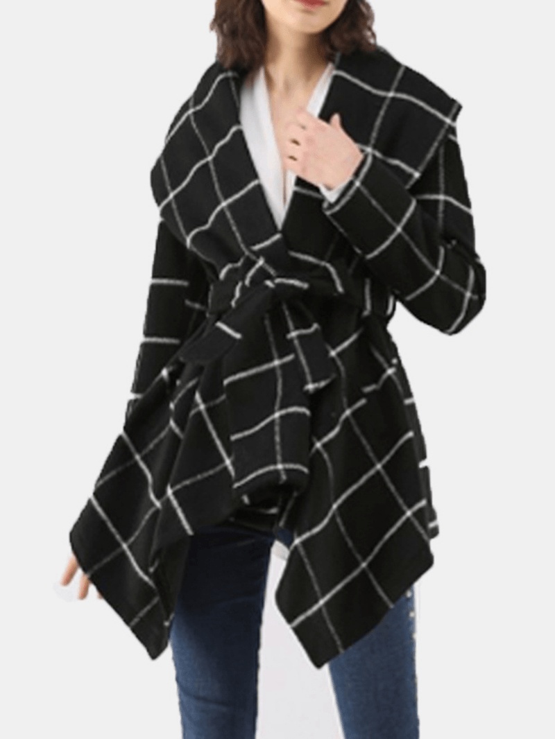 Women Plaid Long Sleeve Asymmetrical Hem Coats with Sashes - MRSLM