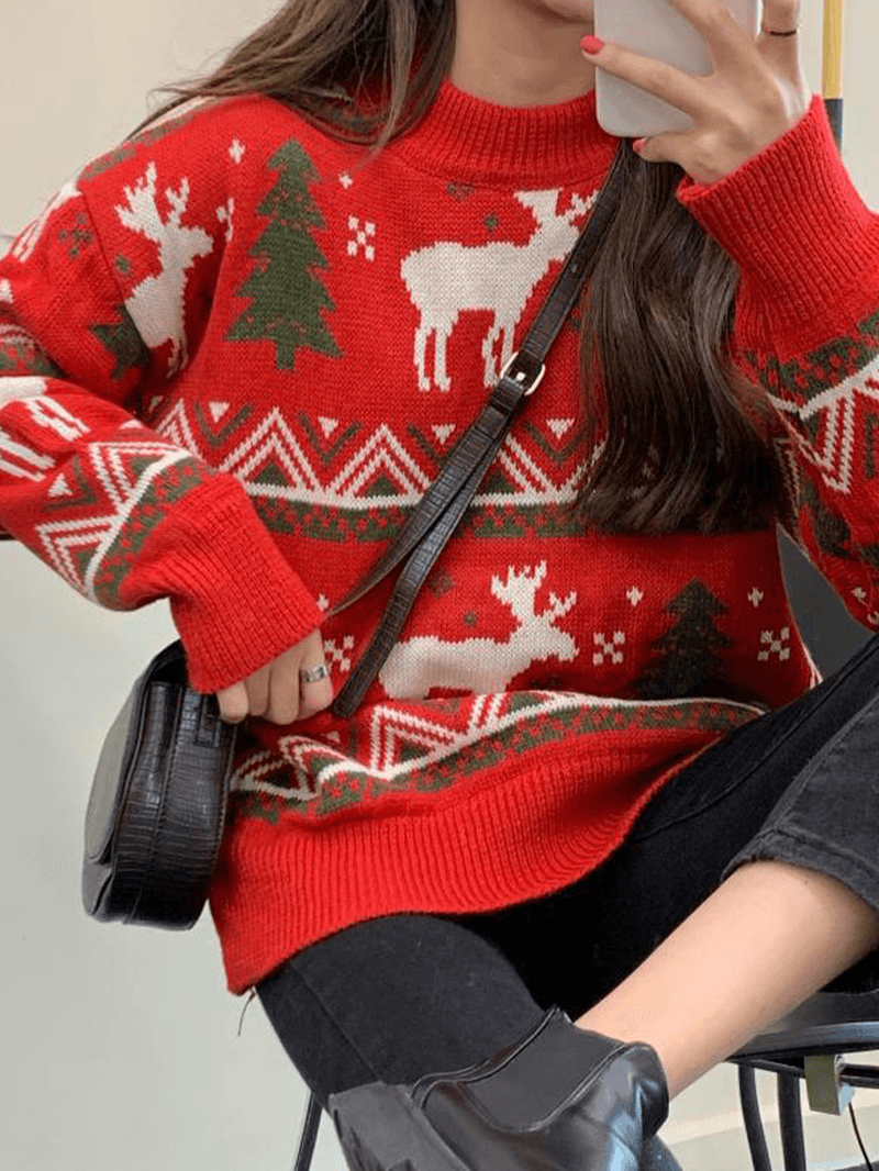 Women Christmas Pattern Print Crew Neck Thick Warm Casual Knitted Sweater - MRSLM