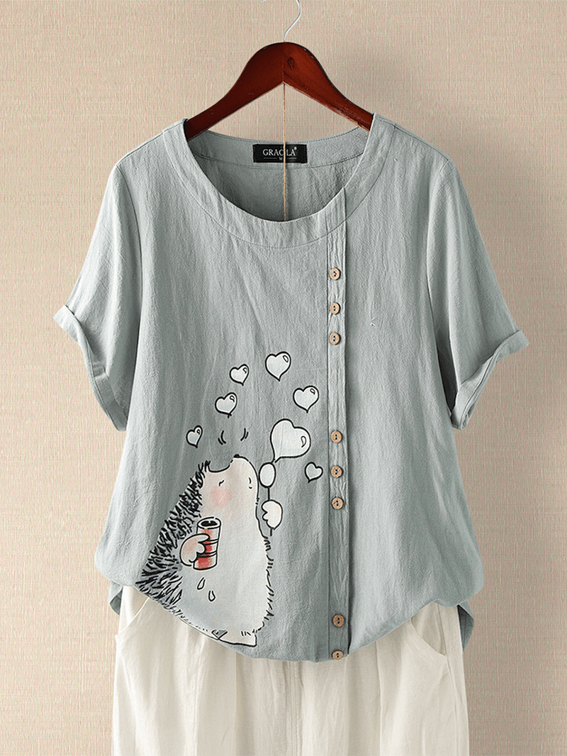 Cartoon Print Cotton round Neck Short Sleeve Casual T-Shirts for Women - MRSLM